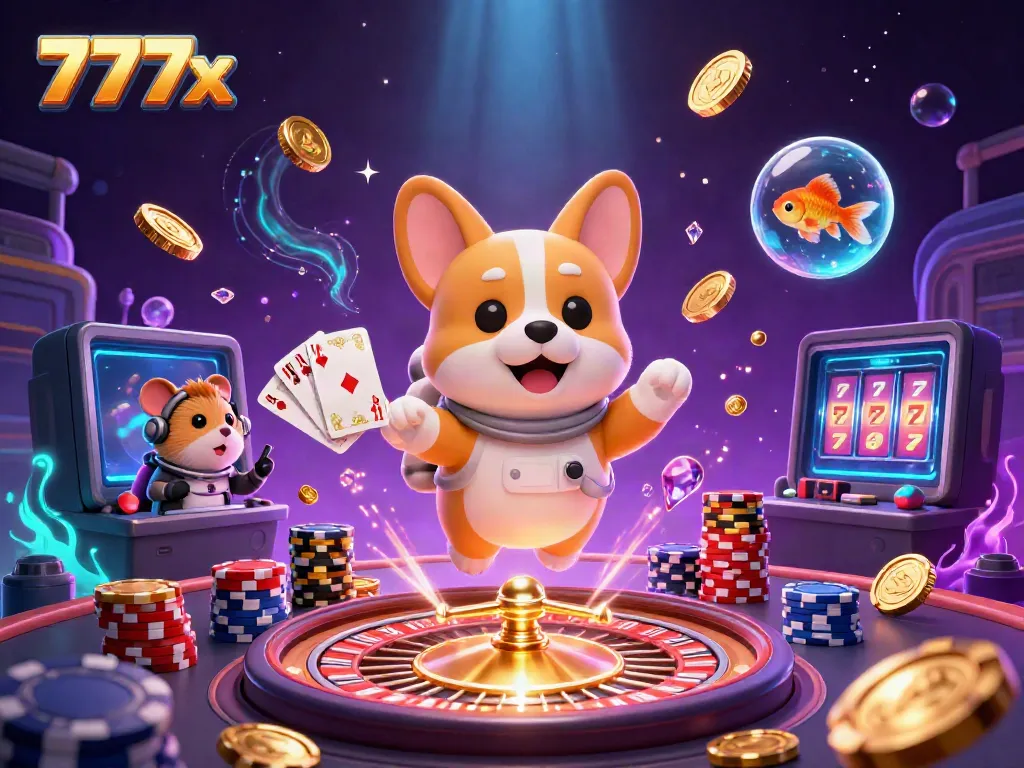 Watch the 777x astronaut corgi play in a vibrant zero-gravity casino filled with dazzling coins.