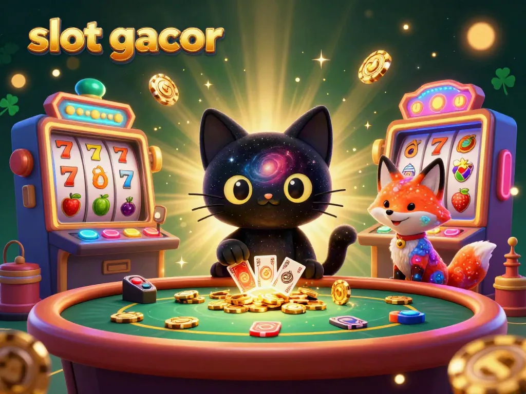 Engage in slot gacor fun with a cosmic cat and a nebula fox at a dynamic casino table.