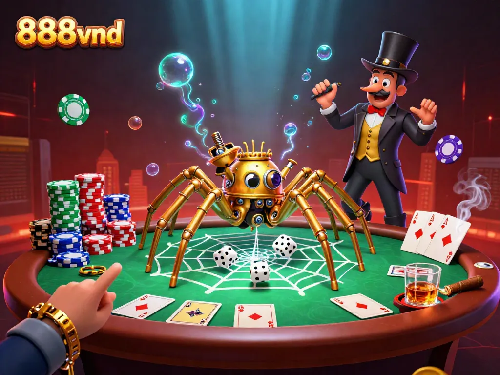 Bet on 888vnd with a thrilling steampunk-inspired casino illustration featuring poker chips and dice.