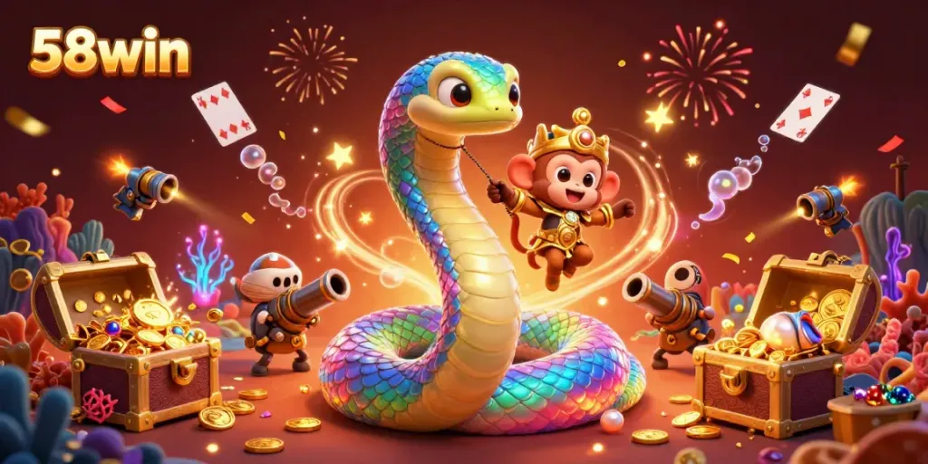 Experience thrilling wins at 58win with dynamic 3D casino scene featuring vibrant characters and games.
