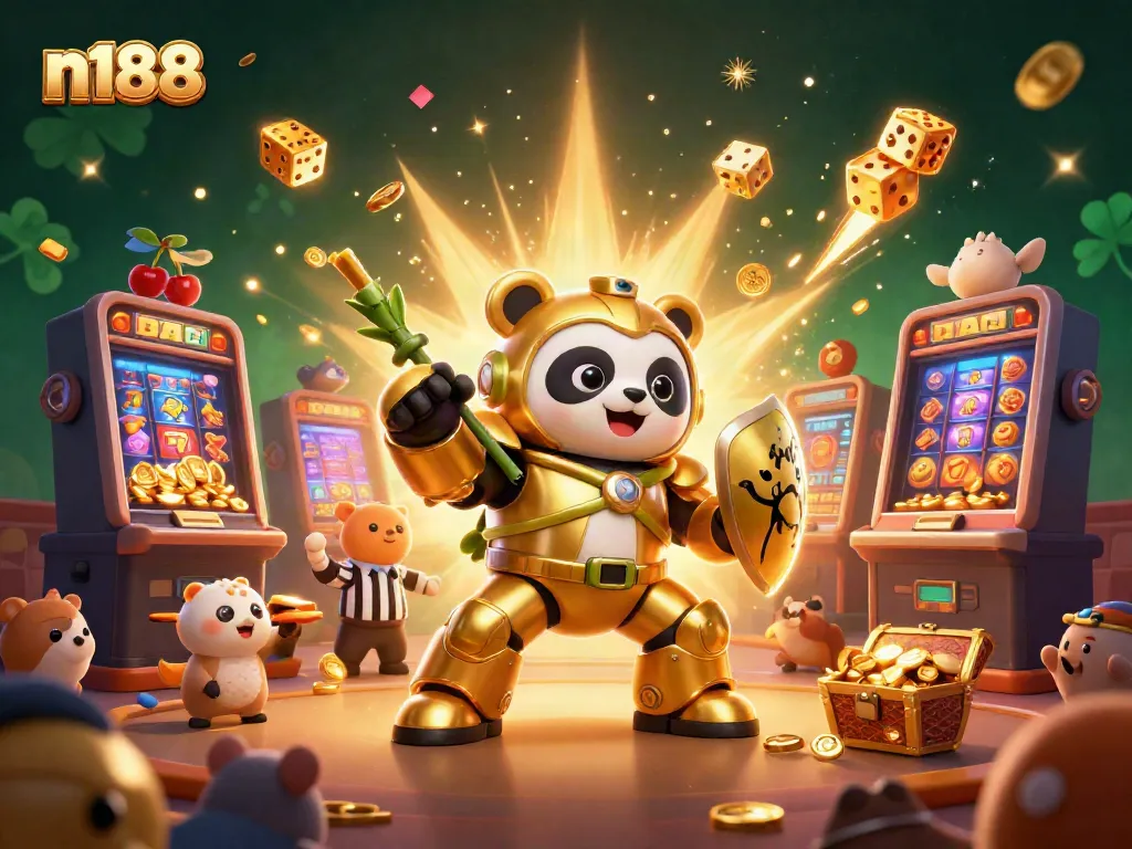 Engage in thrilling casino action with n188's 3D illustrated panda mech battling for jackpots amidst explosive winnings.
