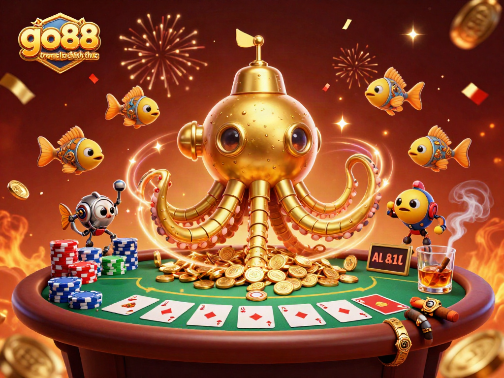 Experience thrilling gameplay at go88 trang chu chinh thuc with a vibrant 3D casino scene showcasing an adventurous kraken and mechanical fish.