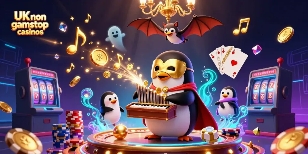 Engaging scene of UK non gamstop casinos with cartoon style characters, dynamic casino elements.