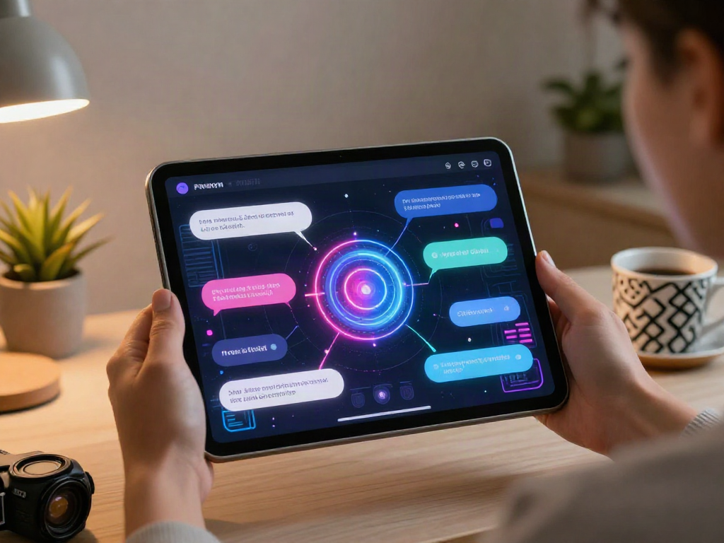 Engaging scene of an AI chat interface discussing porn AI chat in a cozy home office setup.