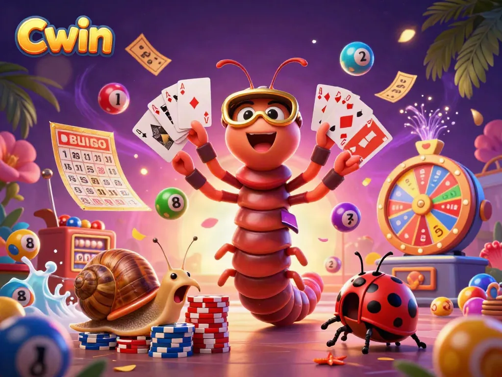 Experience the excitement of Cwin with a fun lottery scene featuring colorful elements and animated characters.