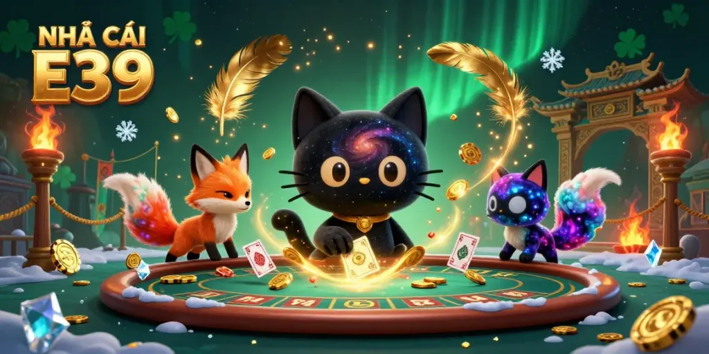 Experience immersive gambling with NHÀ CÁI E39 showcasing playful casino elements and vibrant characters.