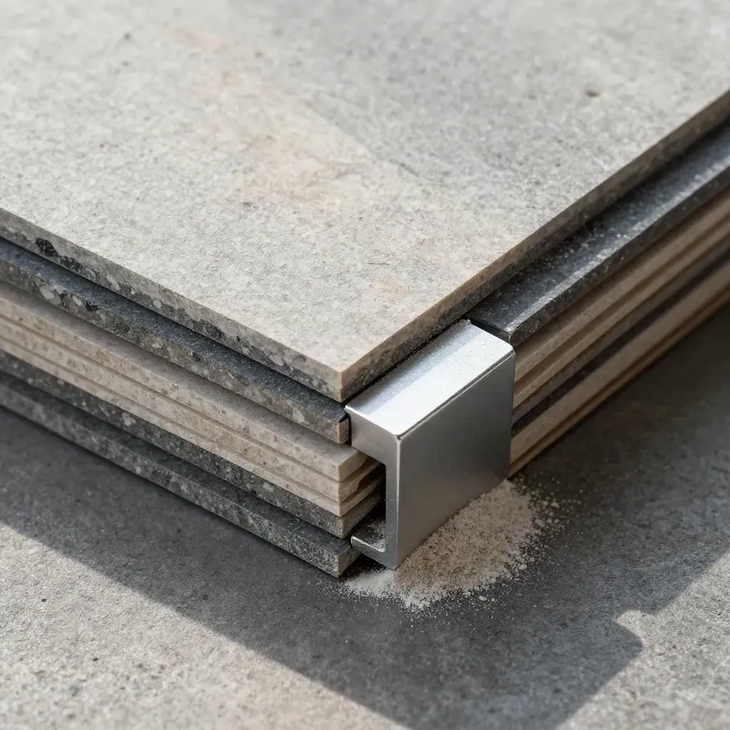 Stone chips, model panels and an aluminium corner clip on dark concrete.