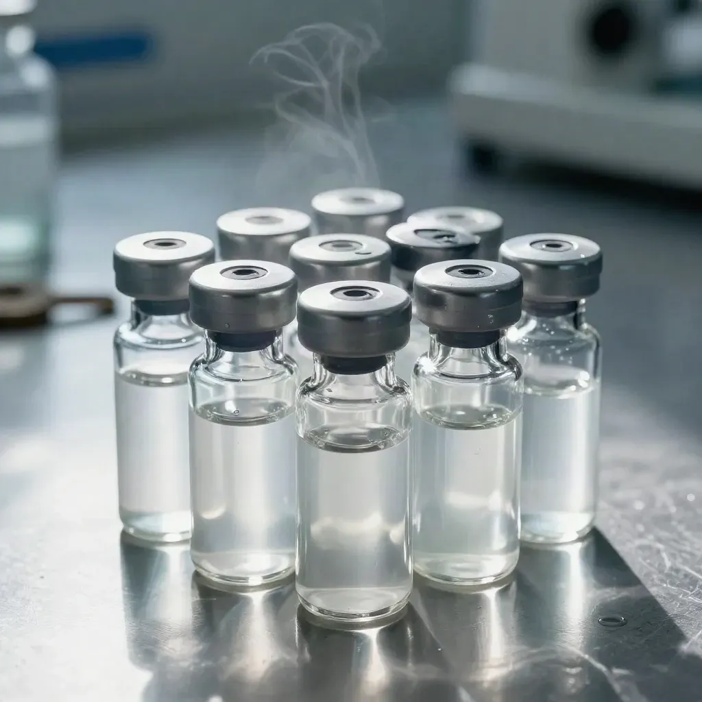 Glass vials, rubber stoppers and steel caps clustered on brushed metal in cool lab light.