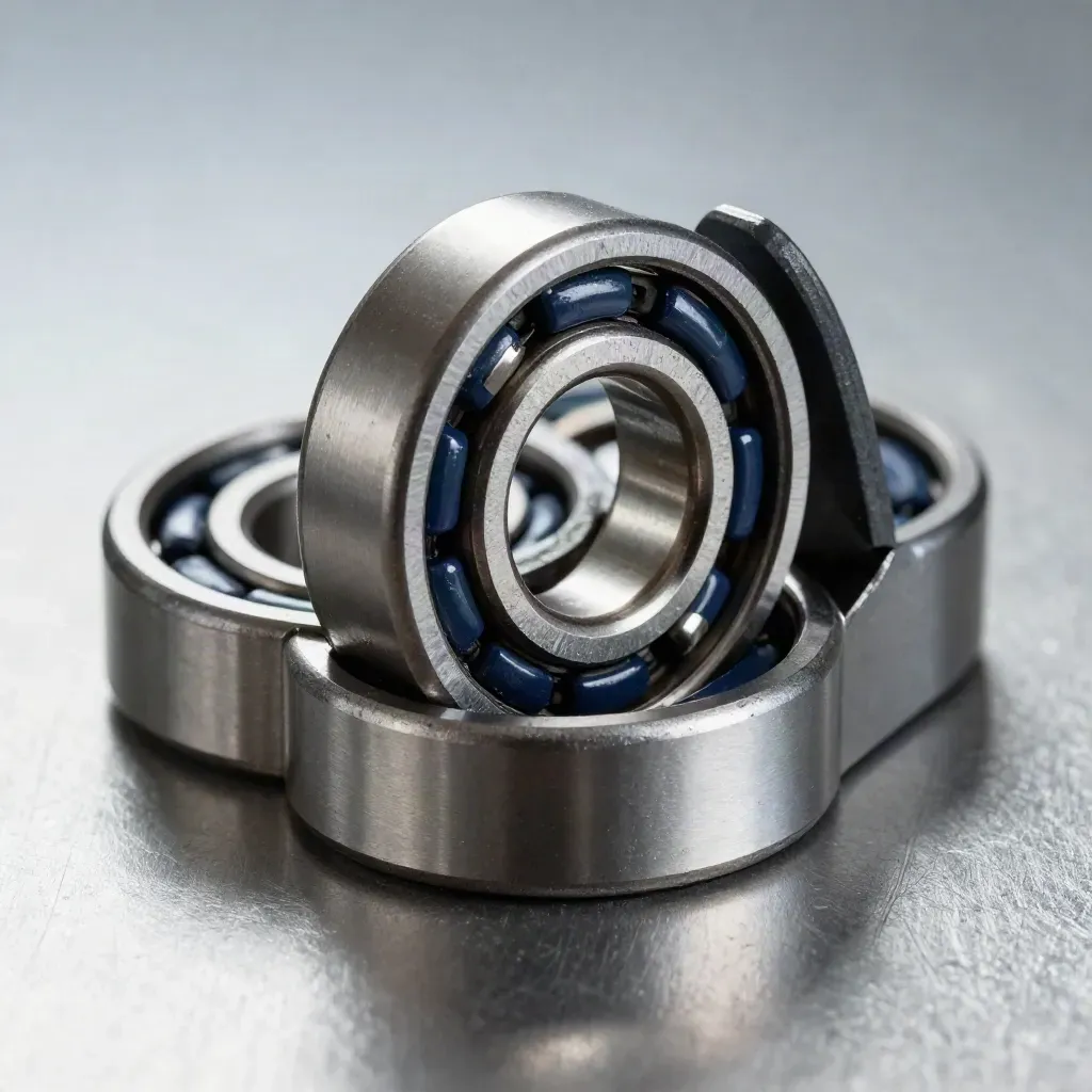 Macro still life of machined bearings, ceramic spacers and a gasket ring on brushed steel.