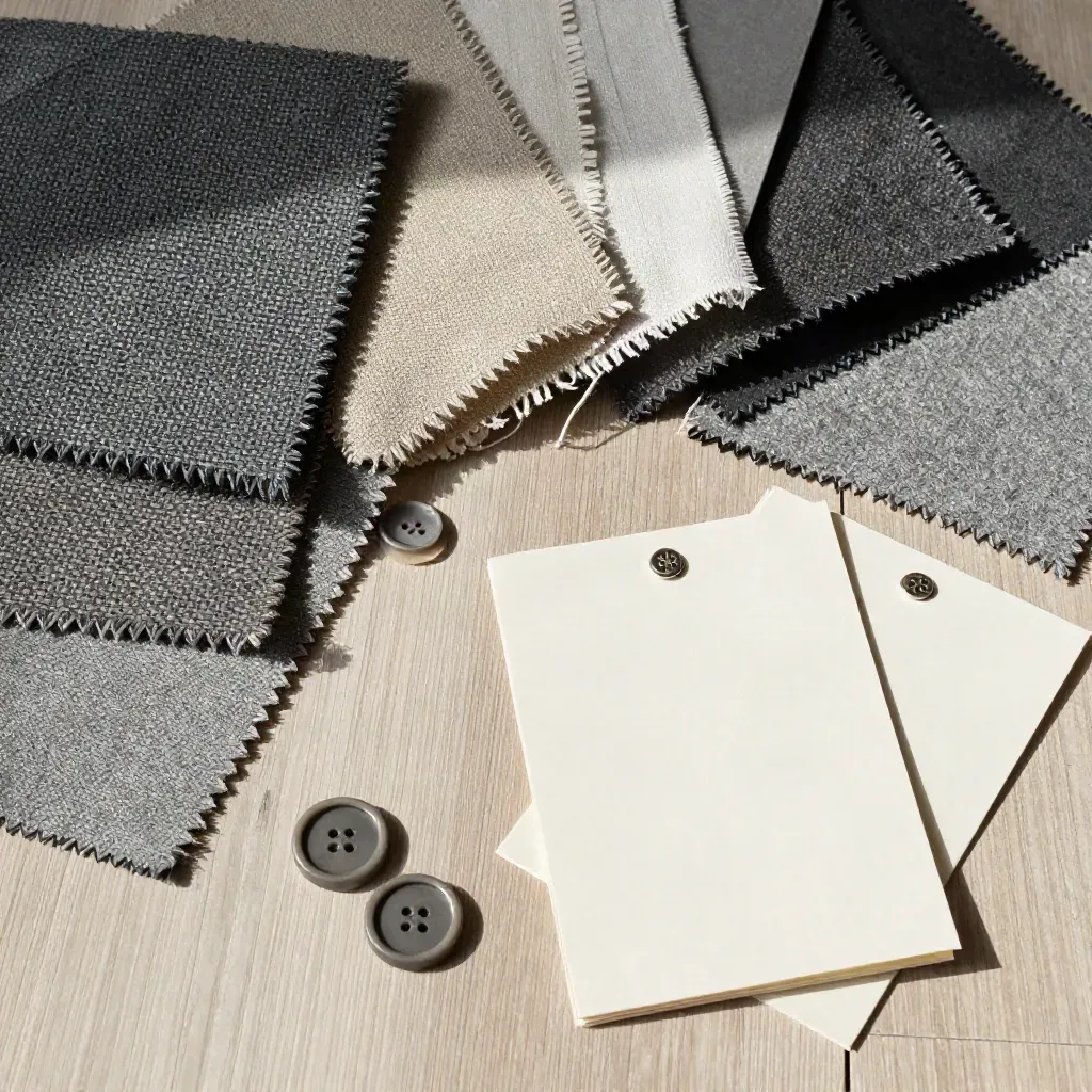 Overhead fashion atelier swatches, buttons, and sample cards on pale wood