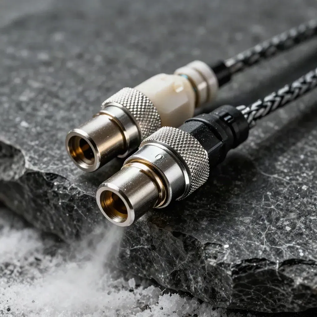 Macro still life of marine-grade connectors, cable ties and a port cover on dark stone in salt mist.