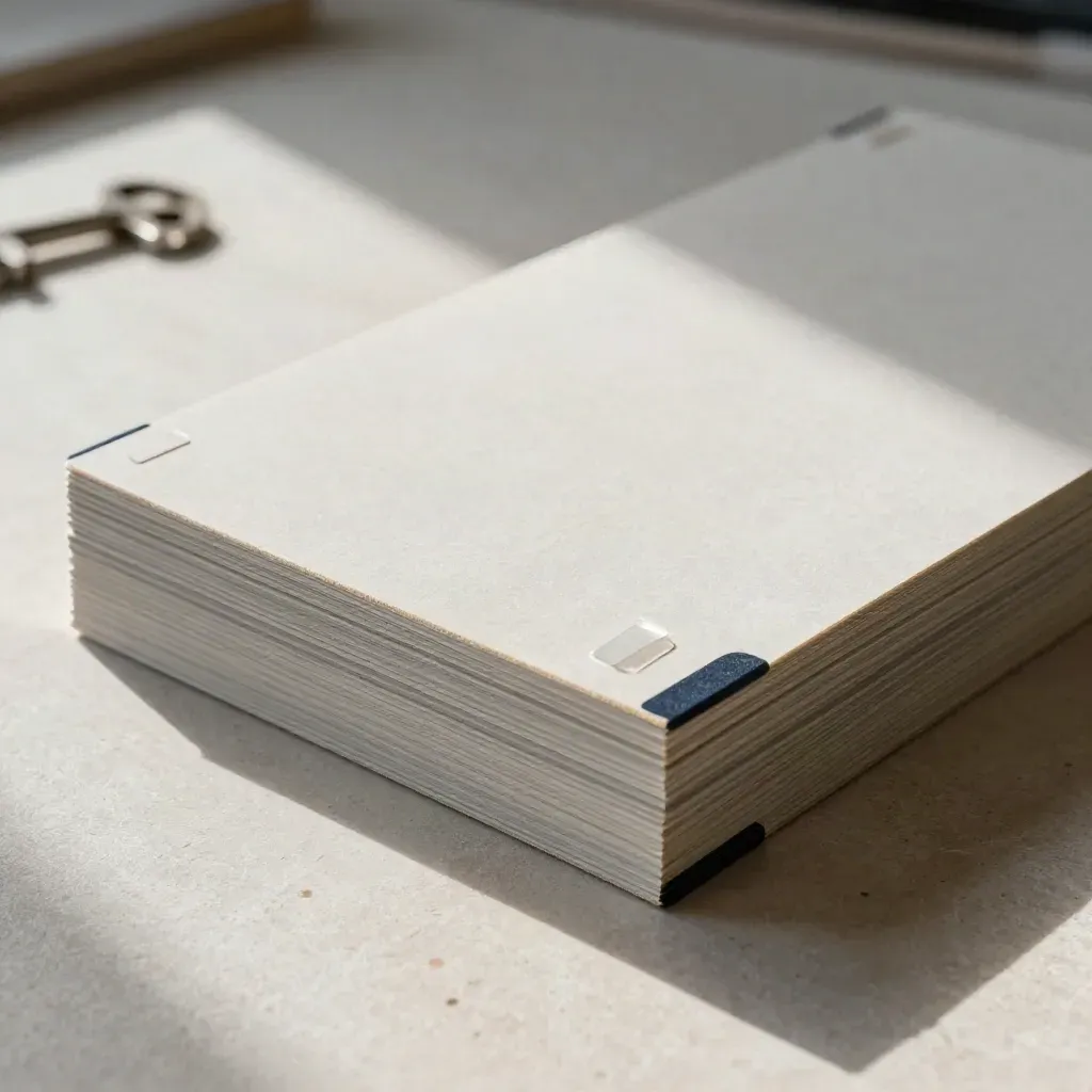 Top-down macro of a die-cut landing-page proof board with adhesive sample on pale stone.