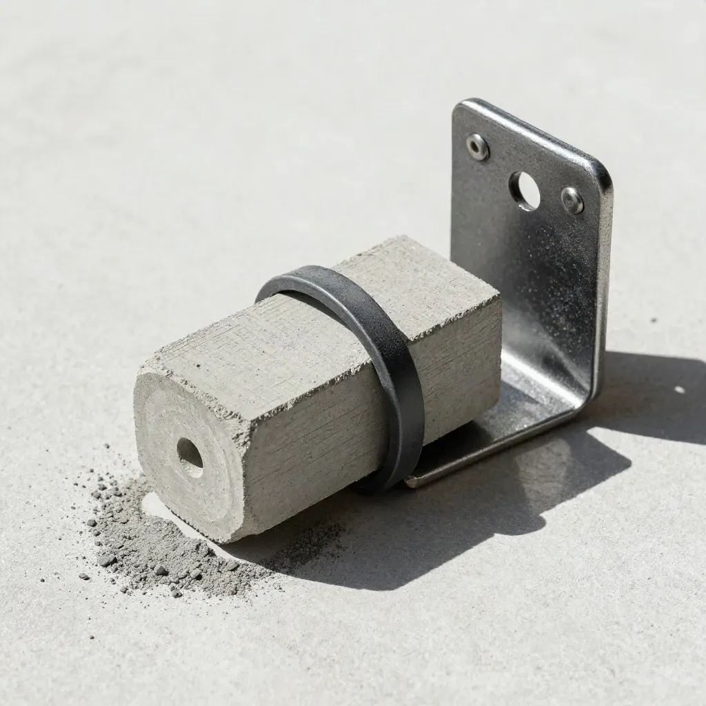 Concrete core sample, rubber trim, and metal bracket on pale cement, overhead with dust and shadow.