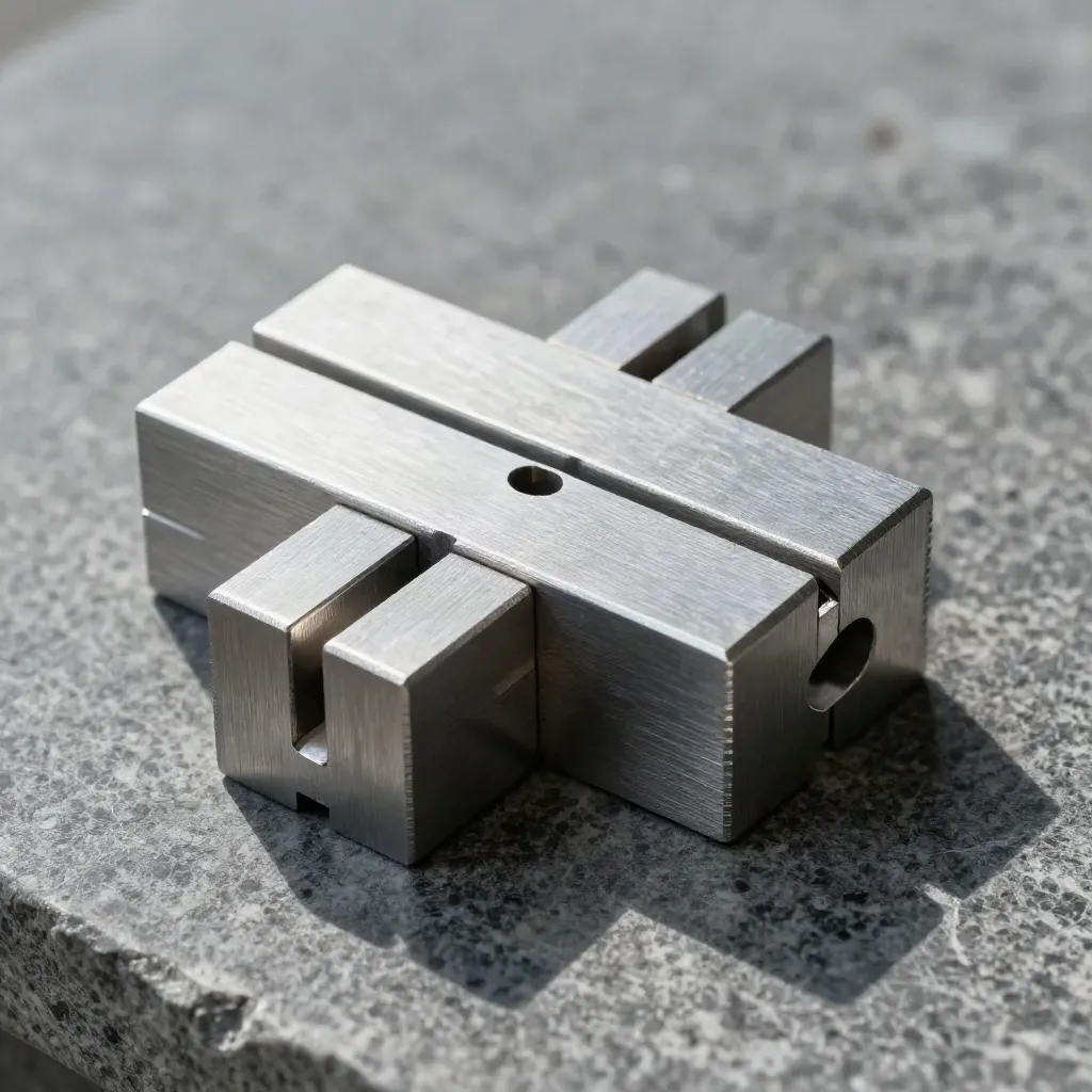 Aluminium alignment blocks and spacer shim on limestone, dramatic close-up.