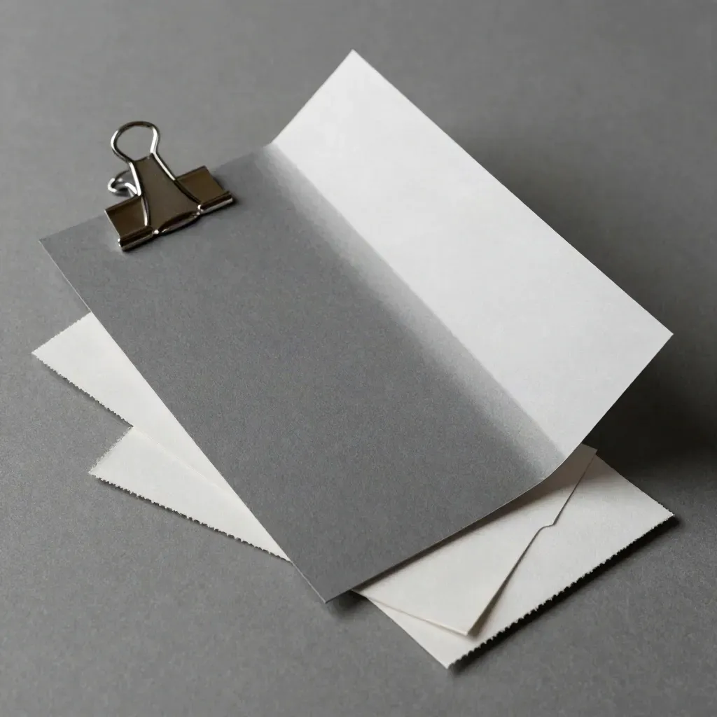 Macro paper mockup with metal clip and offcut cards on graphite, top-down.