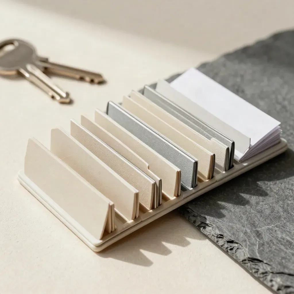 Macro still life of CMS tabs, sleeves, and an aluminium key tag on pale plaster.