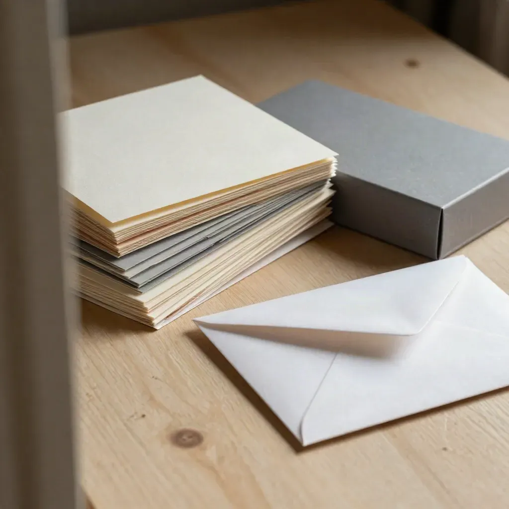 Paper swatches, sample box and blank envelope on pale wood in warm studio light.