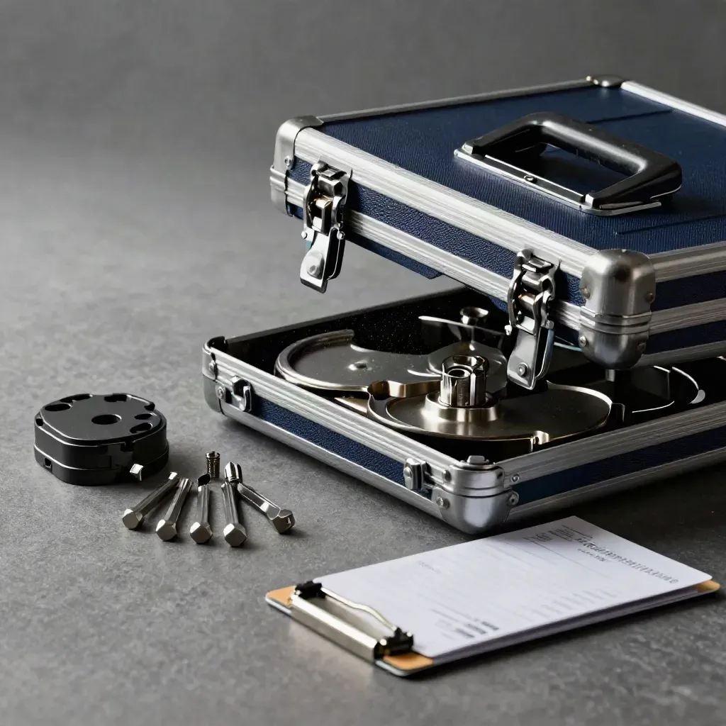 Hex bits, spare drive shell and maintenance case on dark steel under dramatic side light.