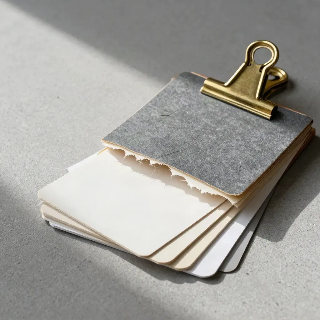 Swatch deck with peeled-back cover, brass clip on concrete, crisp brand refresh still life.