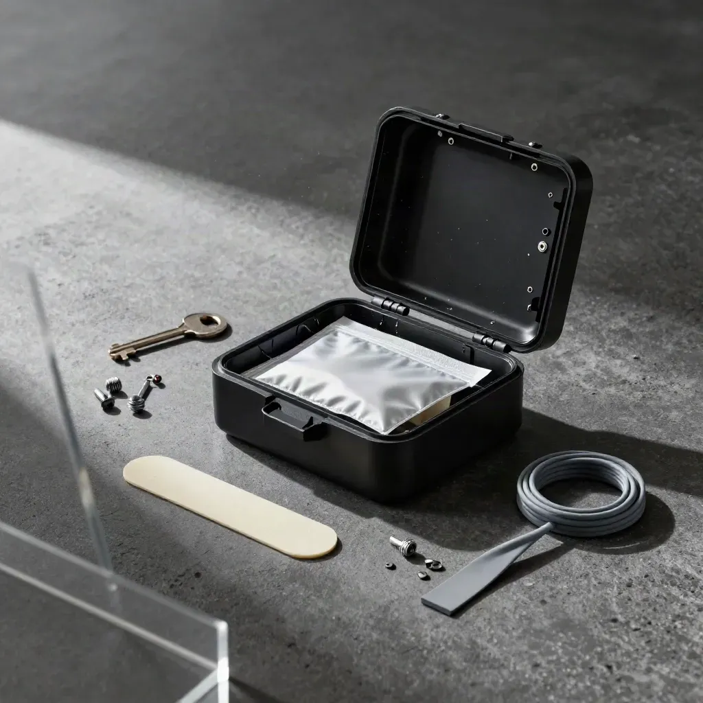 Prototype launch kit on black concrete, blurred acrylic foreground, dramatic studio light.