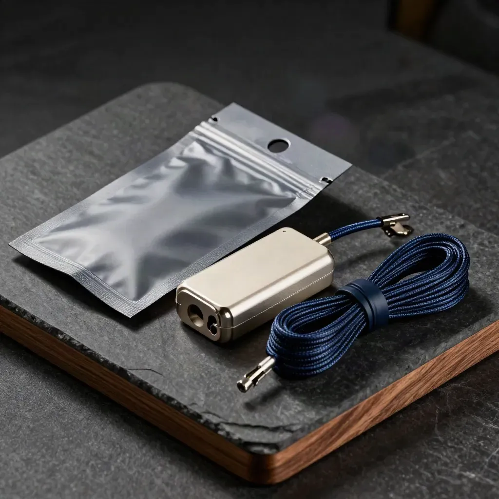 Anti-static pouch, prototype enclosure and braided cable on dark stone in dramatic low key light.