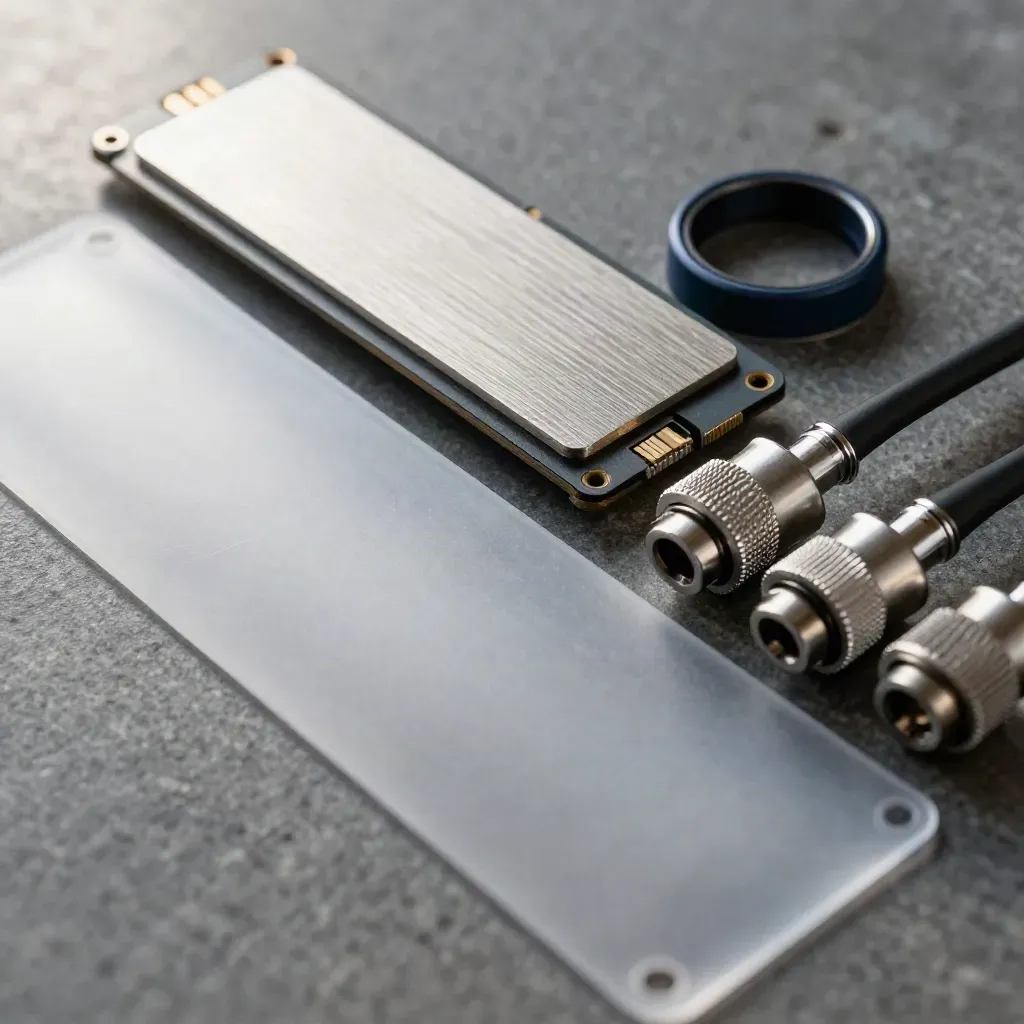 Overhead macro of SSD sleeves, aluminium spacers and cable couplers on brushed stone.