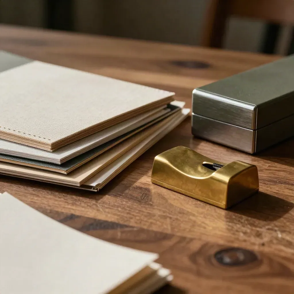 Sample boards, presentation box, and brass paperweight on walnut in warm studio light.