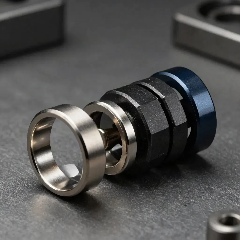 Machined rings, cable coupler, and graphite joiner block on blackened steel
