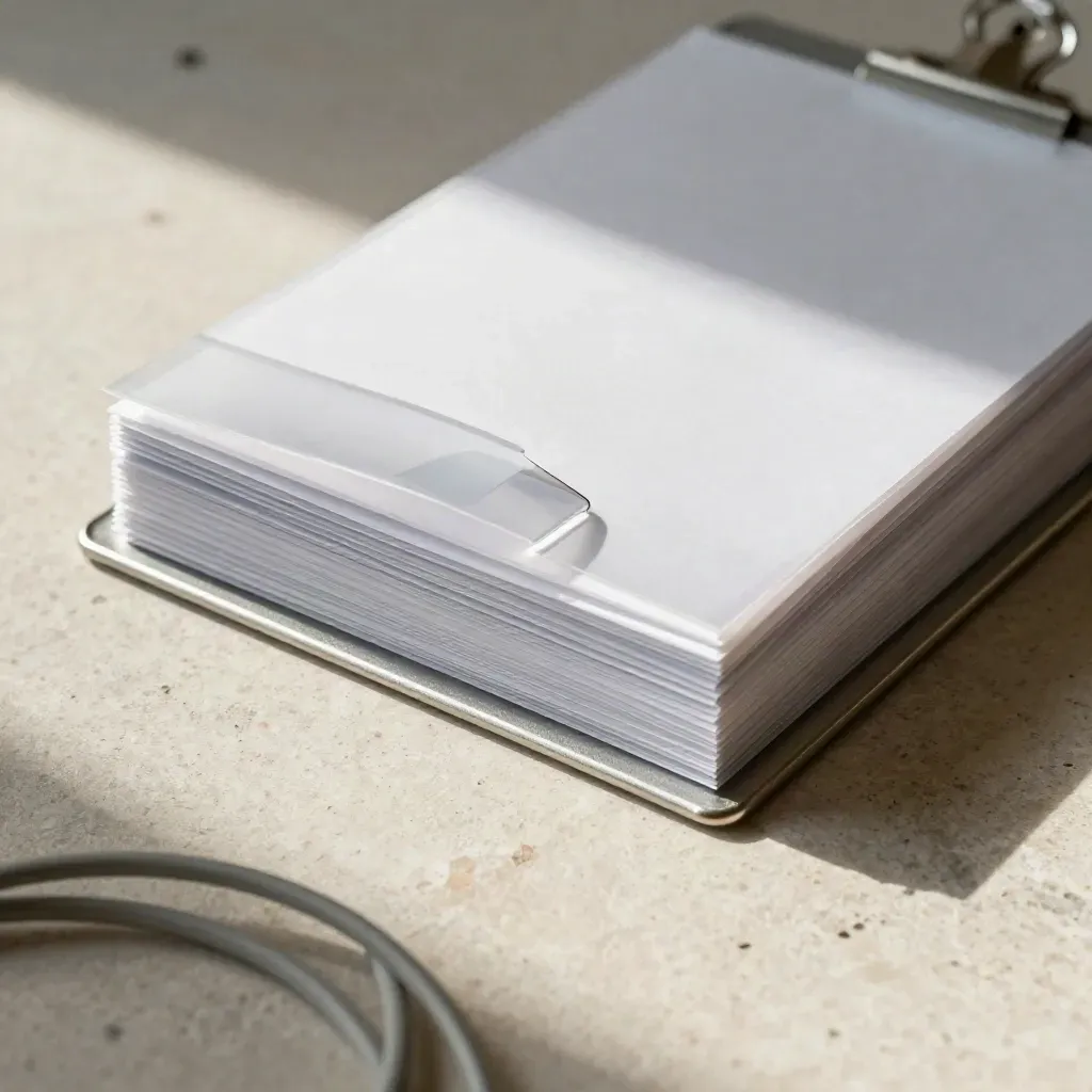 Macro overhead of archive sleeves, blank dividers and aluminium clips on pale stone, seen past a cable loop.