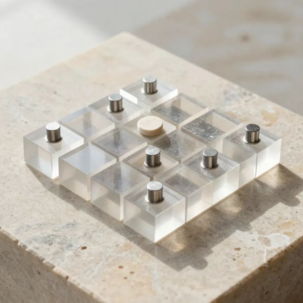 Overhead macro of acrylic grid blocks clicking together on limestone with chalk dust.