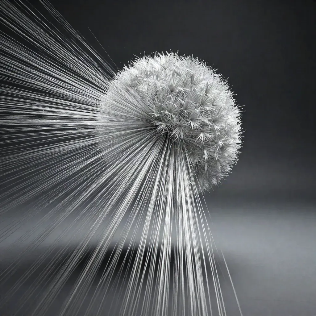 Silver filaments converge into a soft white bloom in dark graphite haze.
