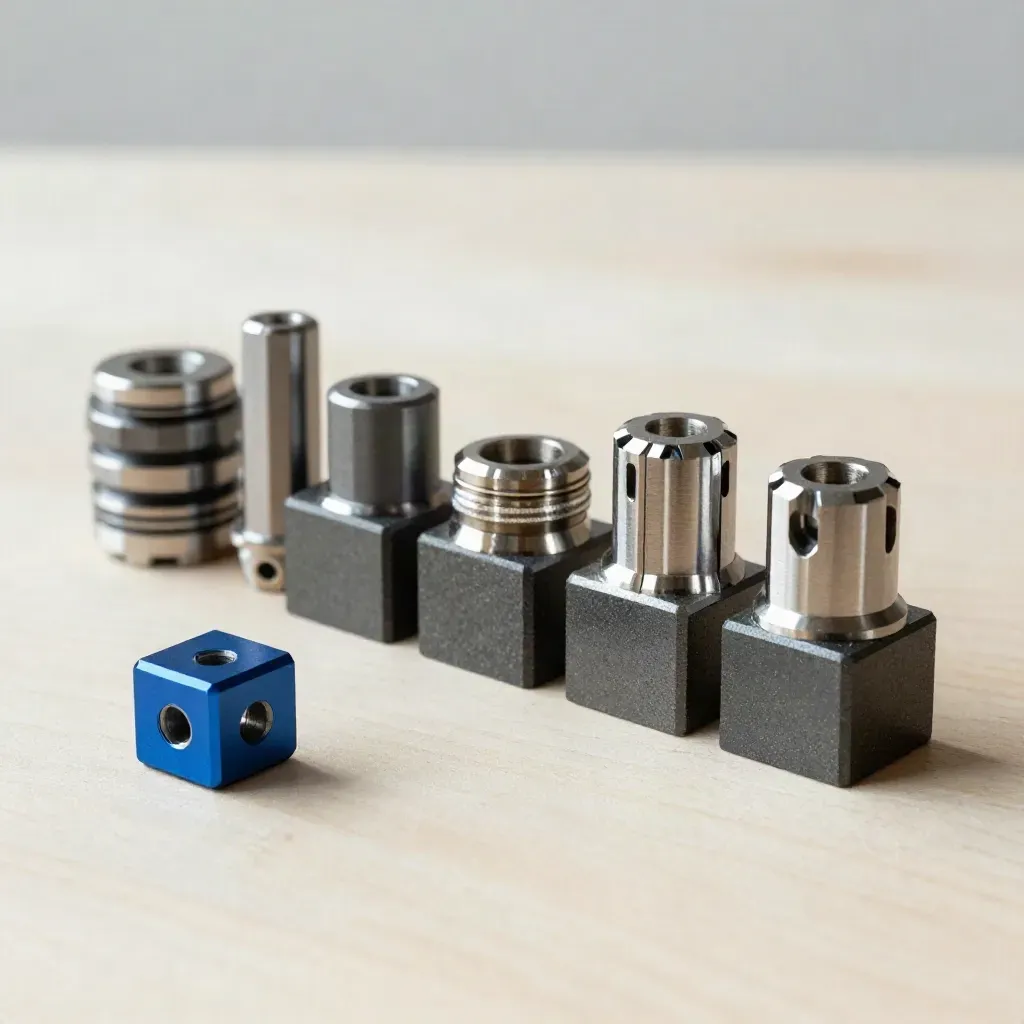 Precision connectors and modular blocks on pale wood with a cobalt accent.