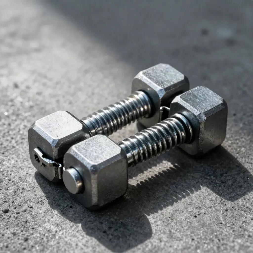 Macro of interlocking hex fasteners, a hinged clamp, and graphite spacer on dark concrete