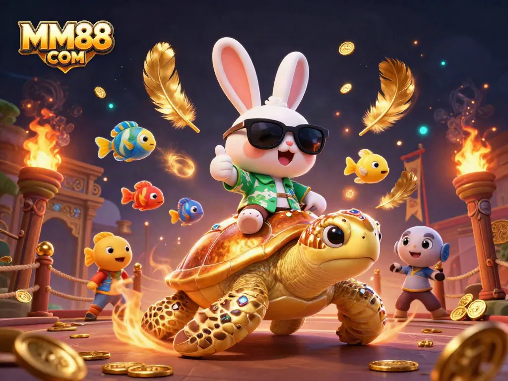 Engage with MM88 COM's vibrant 3D illustration featuring a lucky rabbit and golden sea turtle in a dynamic casino scene.