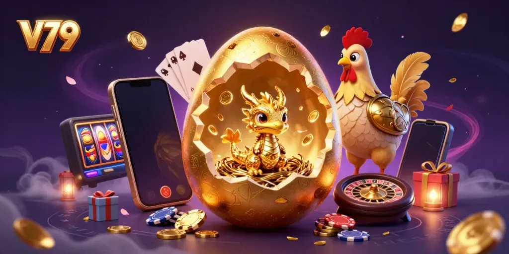 Experience thrilling wins at V79 with a golden dragon guarding poker chips and immersive games!