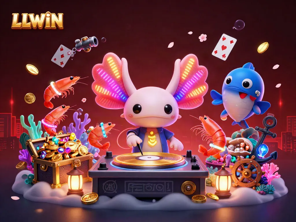 Experience LLWIN's vibrant underwater casino ambiance with a neon-colored axolotl DJ and dynamic game elements.
