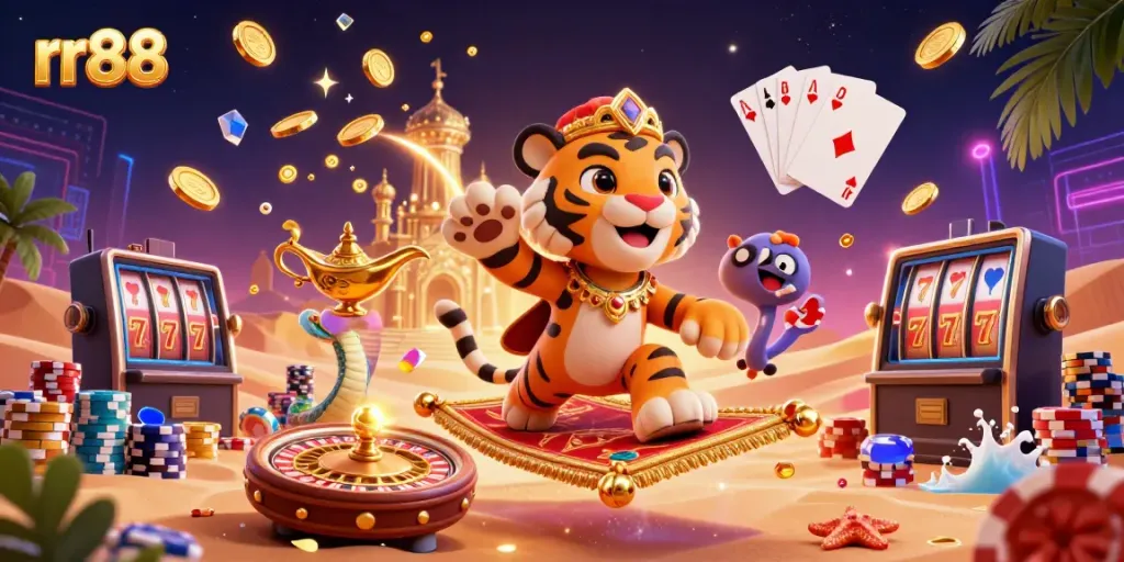 Win big at rr88 with a vibrant 3D depiction of a tiger sultan flying on poker chips, amidst casino elements.
