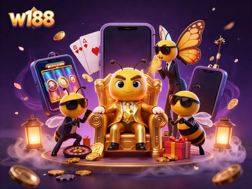 Experience w188's thrilling gambling atmosphere with a vibrant 3D casino scene featuring engaging characters and dynamic game elements.