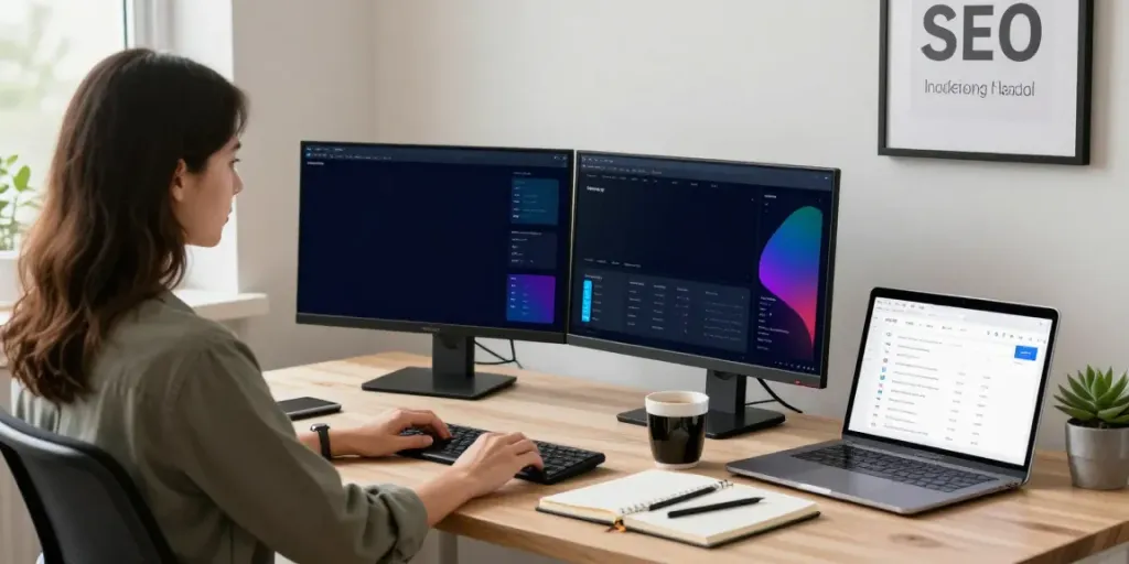 Digital marketer analyzing instant indexing data in a modern workspace