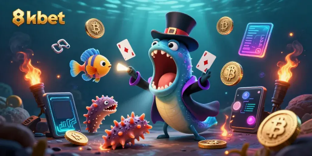 Engage with 8xbet through a vibrant casino-themed illustration featuring a magician eel performing magical tricks.