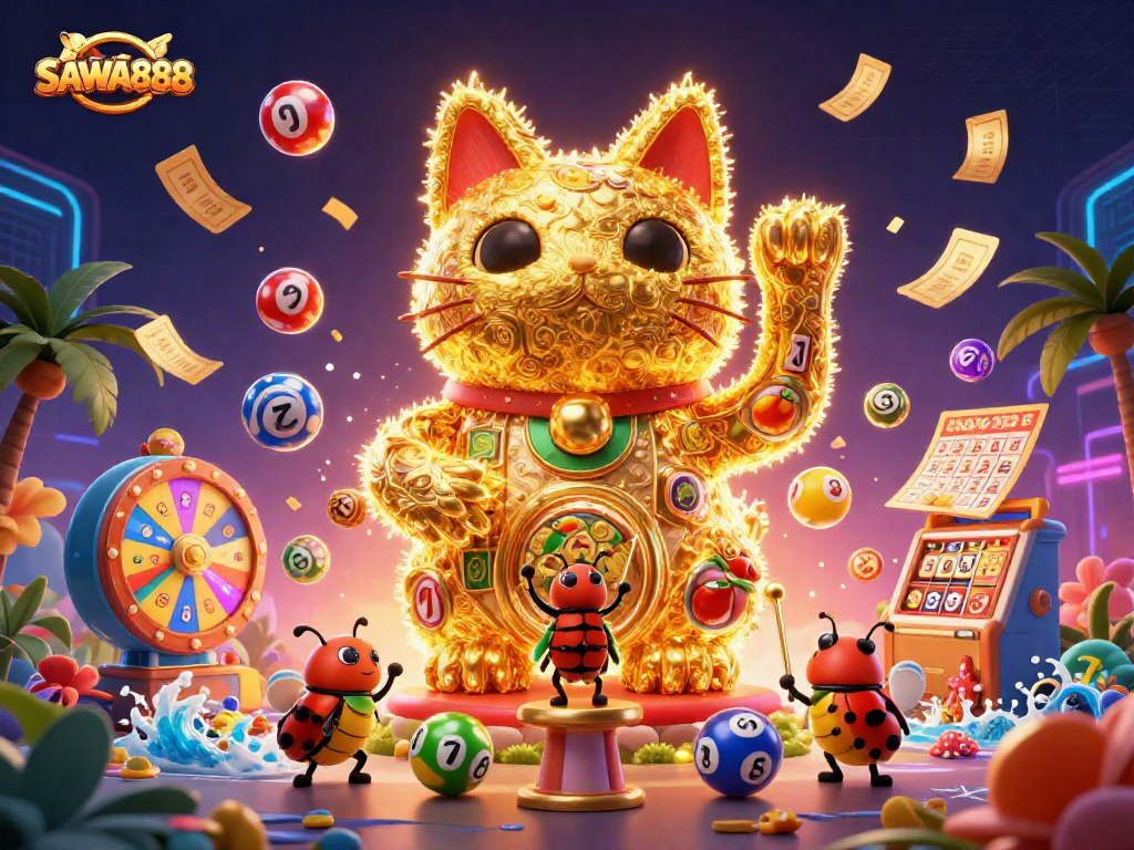 SAWA888 presents a vibrant 3D scene with a lucky cat and casino symbols creating dynamic excitement in gambling.