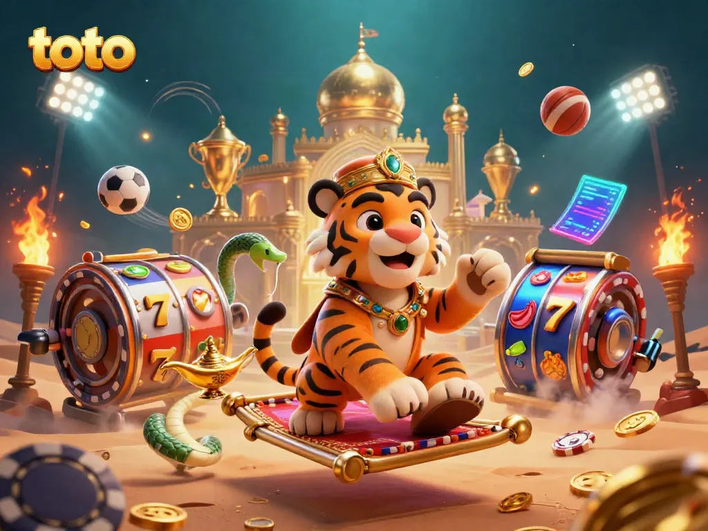 Experience thrilling toto gameplay with a vibrant 3D scene featuring casino elements and energetic characters.