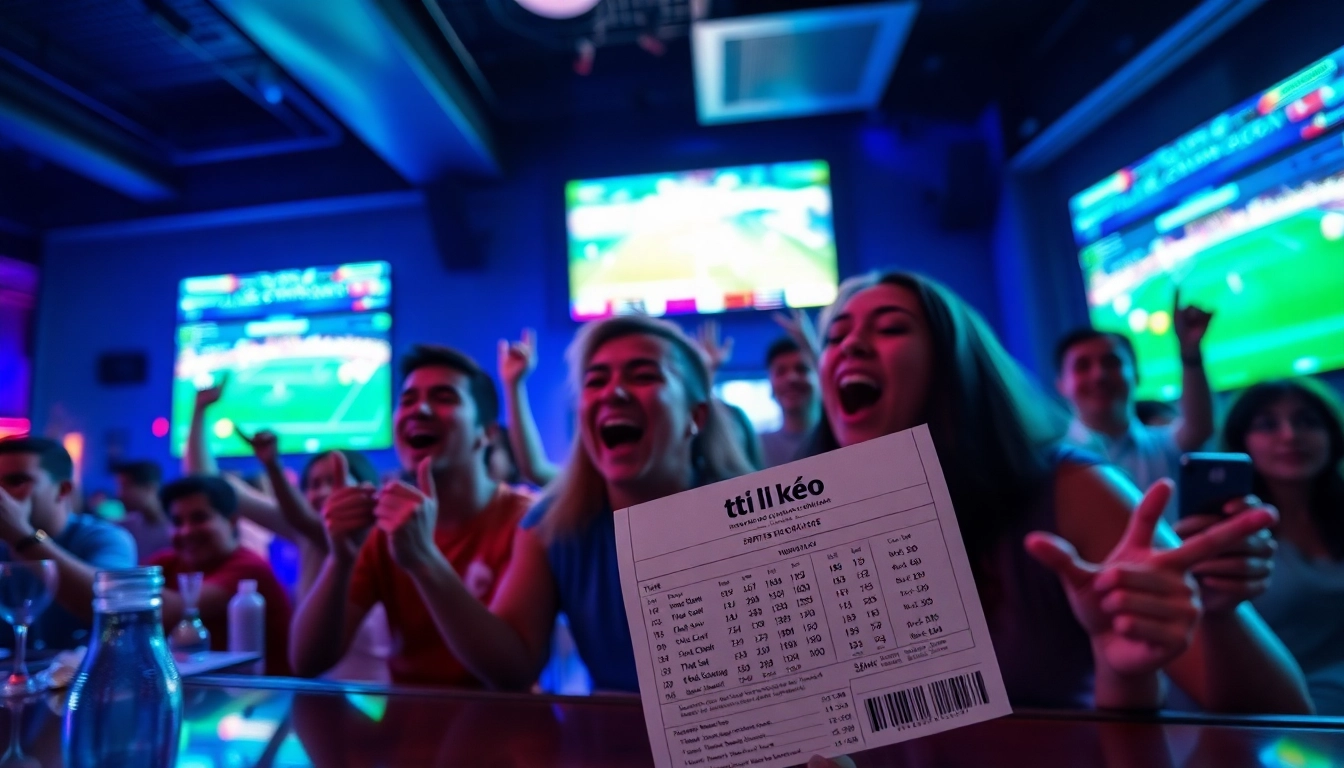 Cheerful fans engaging in sports betting with tỷ lệ kèo displayed, capturing excitement and anticipation.