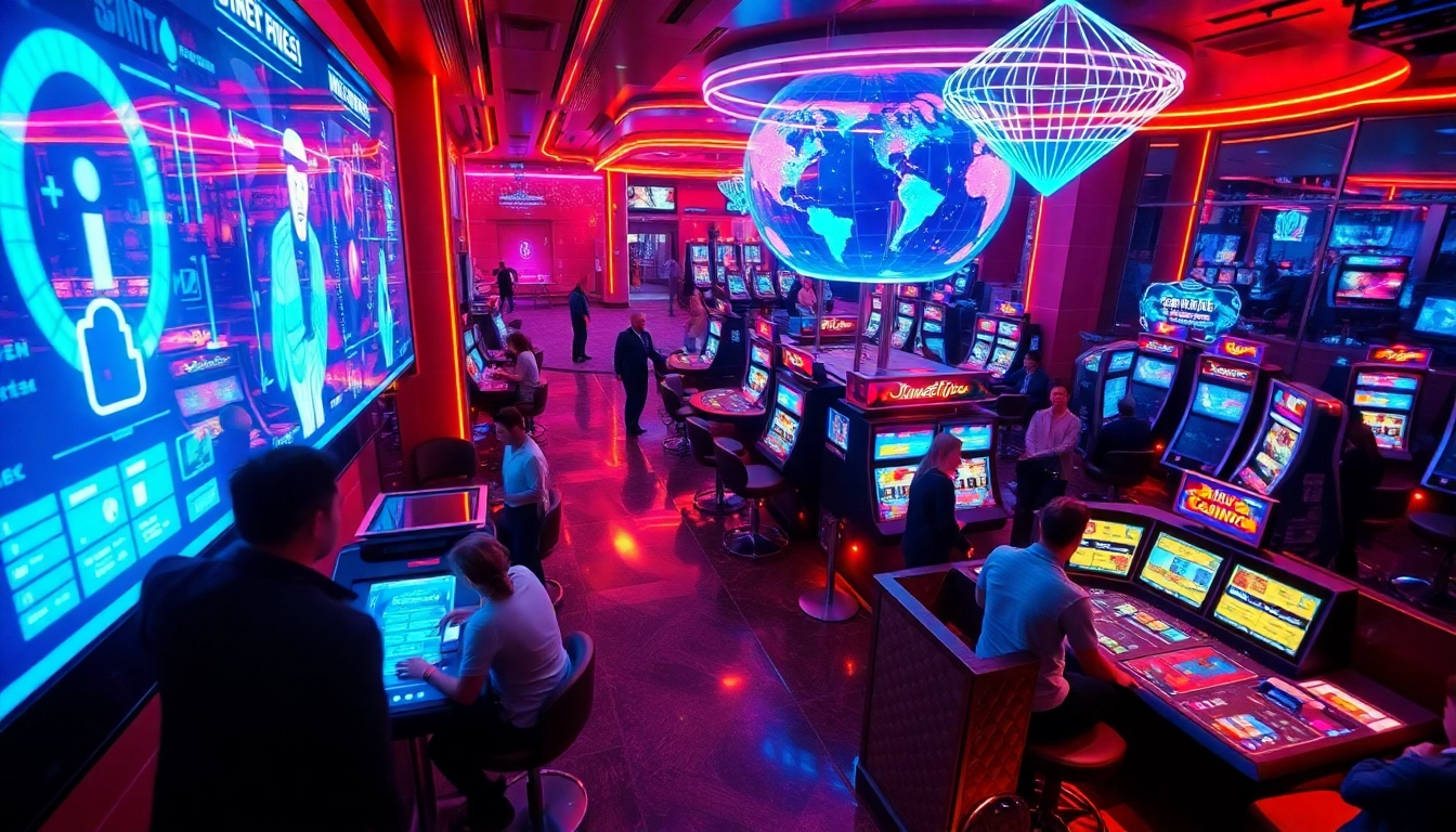 Experience new technology in a vibrant virtual casino with holographic displays and neon lights.