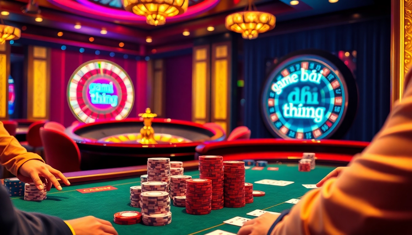 Players enjoying an engaging game bài đổi thưởng experience at a vibrant casino table, highlighting the thrill of poker and bets.