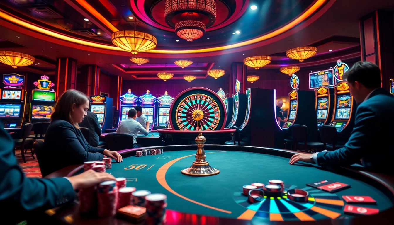 Experience the thrill of gambling at https://bj88b.com/, showcasing an exciting poker game with colorful chips and a lively roulette wheel.