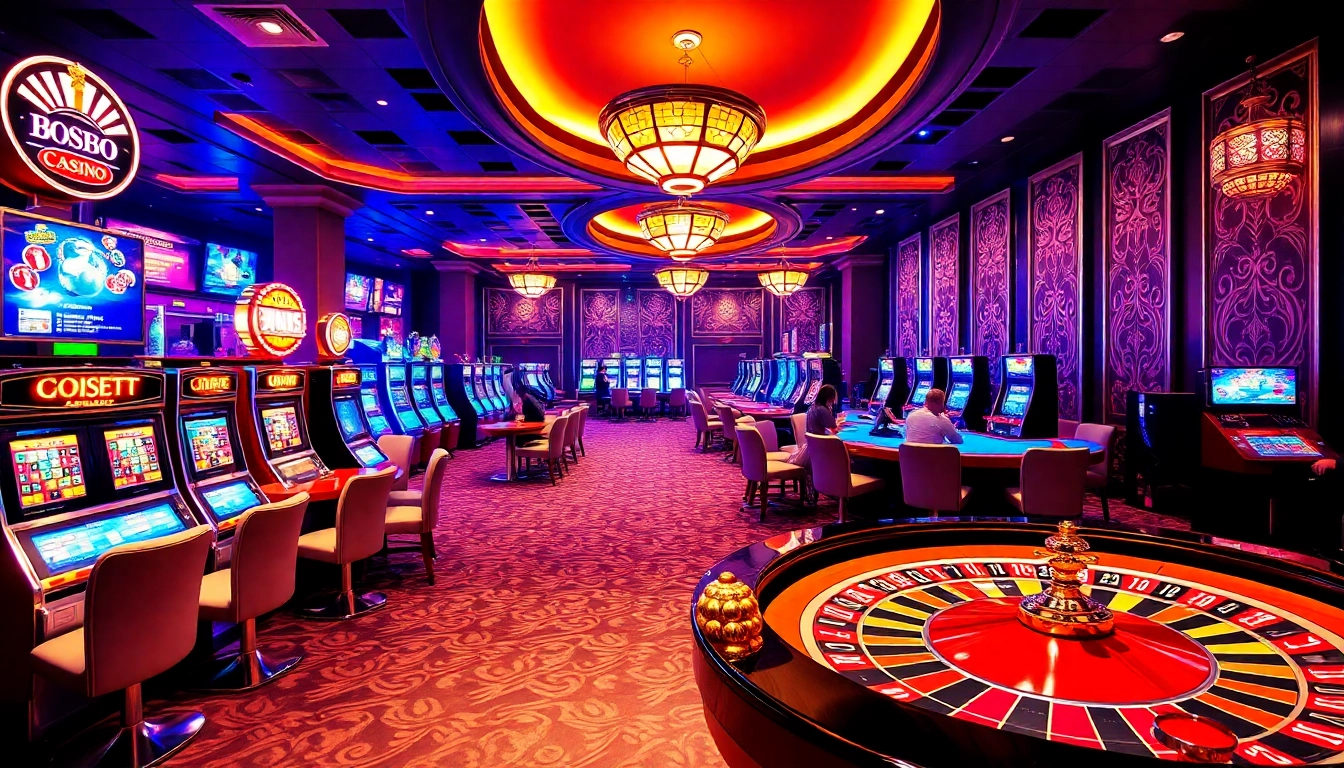 The luxurious atmosphere at https://bet888.solutions/ featuring vibrant slot machines, poker tables, and roulette in action.