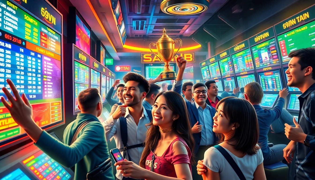 Excited gamblers engaging with sports betting at 69VN's vibrant hub.