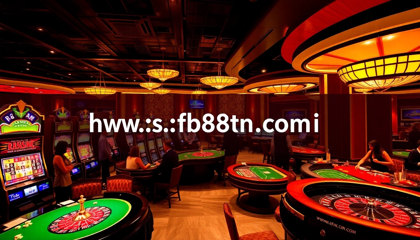 Explore the thrilling casino world at https://fb88nn.com/, featuring exciting tables, vibrant slot machines, and players in action.