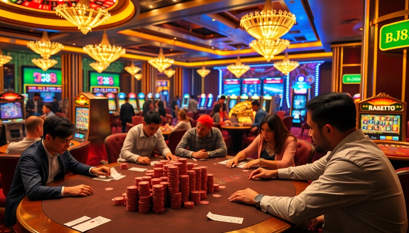 Engage in high-stakes action at BJ88 casino tables featuring poker, roulette, and vibrant slot machines.